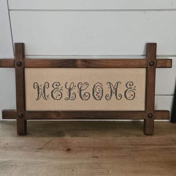Handmade Other - Granny Cottagecore Welcome Cross Stitch Wall Hanging Rustic Wood Frame Handmade